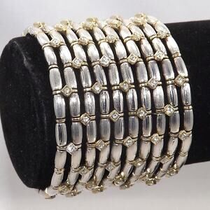 Vintage Silver Beaded Rhinestone Wide Stretch Bracelet, 7 Inches